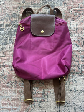 Longchamp Le Pliage Mini Backpack Purple Magenta Nylon Brown Leather Foldable